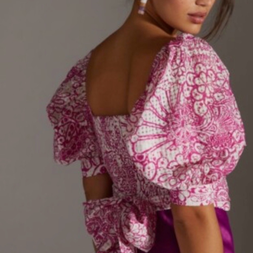 Anthropologie Pink Floral Puff Sleeve Blouse - Picture 2 of 6